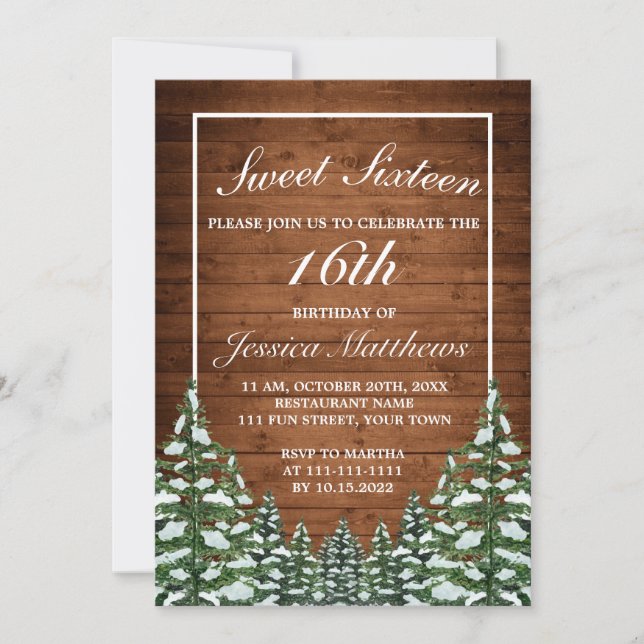 Invitation Bois neigeux et forêt Pin rural Tiara Sweet 16 (Devant)