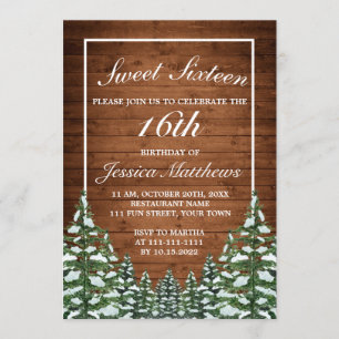 Invitation Bois neigeux et forêt Pin rural Tiara Sweet 16
