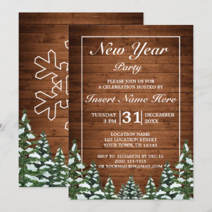 Invitation Bois neigeux & Forêt Pin rural fête du Nouvel An