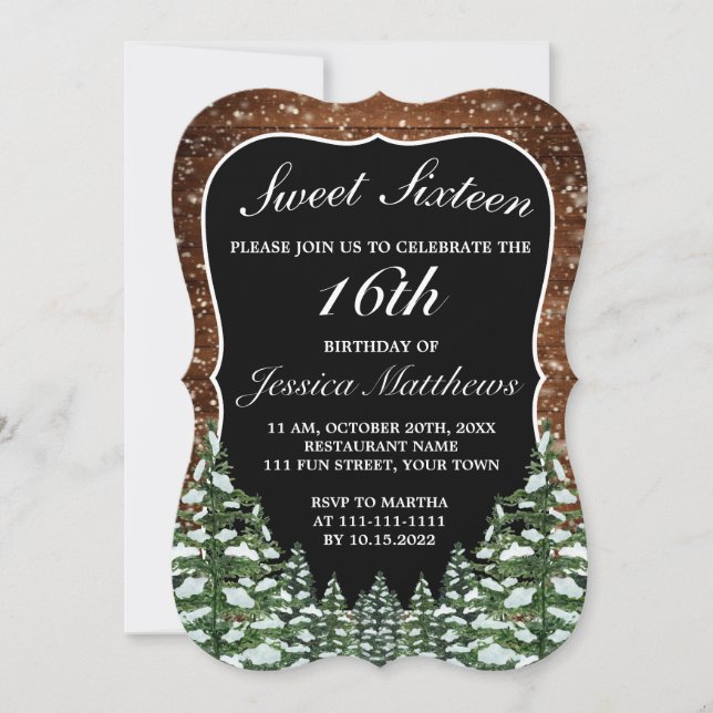 Invitation Bois neigeux noir et pin Tiara Sweet 16 (Devant)