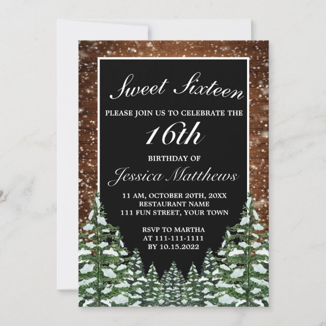 Invitation Bois neigeux noir et pin Tiara Sweet 16 (Devant)