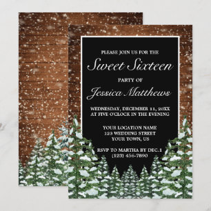 Invitation Bois neigeux noir et pin Tiara Sweet 16