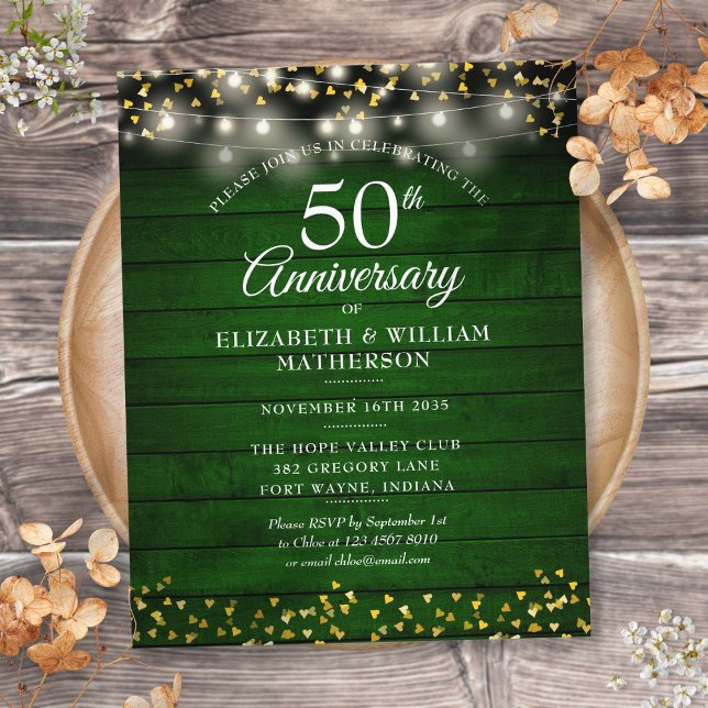 Invitation Bois Or Cœurs pour les 50 ans de Budget (Budget 50th Anniversary Wood Gold Hearts Invite)