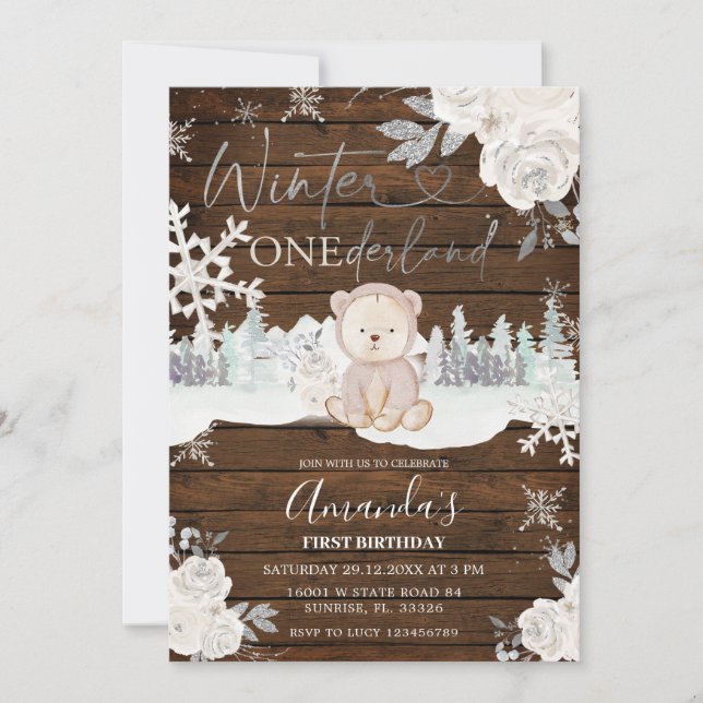 Invitation Bois Ours d'hiver Onederland Flocon de neige Anniv (Devant)