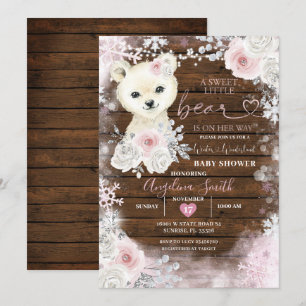 Invitation Bois Ours Pastel Pink Snowflake Baby shower