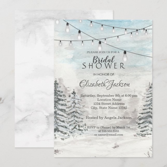 Invitation Bois, Pins, Guirlandes Lumineuses, Aquarelle (Devant / Derrière)