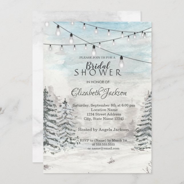 Invitation Bois, Pins, Lumières à cordes, Aquarelle (Devant / Derrière)