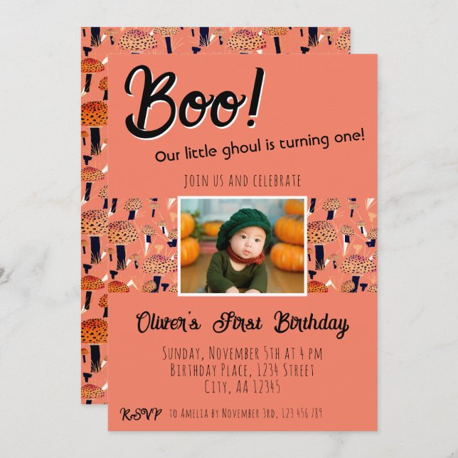 Invitation Bois Premier anniversaire Champignons Halloween Au (Devant / Derrière)