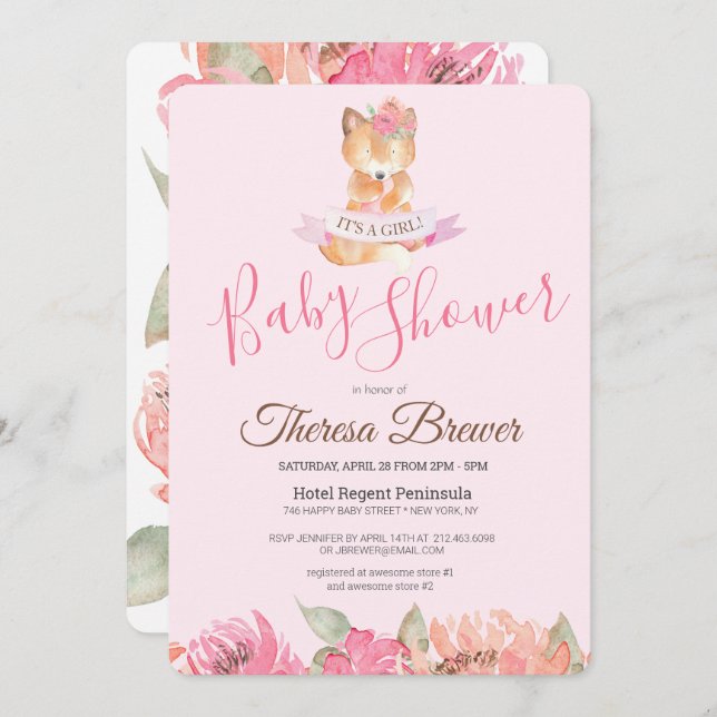 Invitation Bois Renard rose Aquarelle Baby shower Floral (Devant / Derrière)