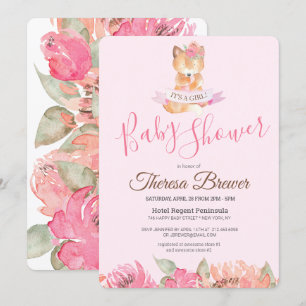 Invitation Bois Renard rose Aquarelle Baby shower Floral