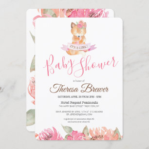 Invitation Bois Renard rose Aquarelle Baby shower Floral