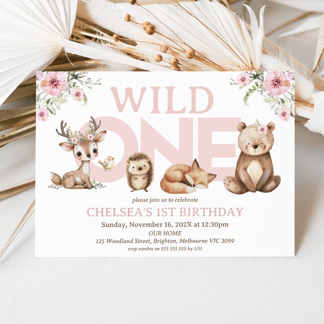 Invitation Bois rose Fleur sauvage Wild Un 1er anniversaire (Pink Woodland Wild One 1st Birthday Invitation Girl, Pink Wildflowers Woodland First Birthday Invite)