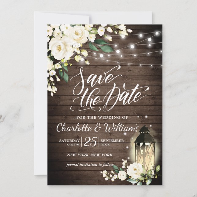 Invitation Bois & Roses Blanches & Lanterne Mariage Épargnez  (Devant)