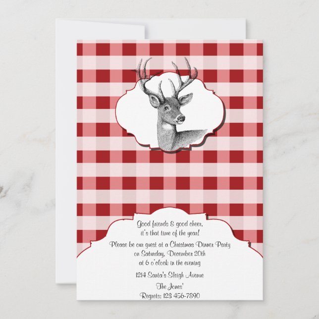 Invitation Bois Rouge et blanc à carreaux Noël Dîner (Devant)
