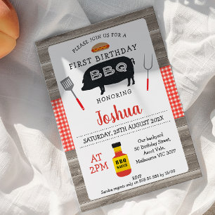 Invitation Bois Rouge Plaid Cochon BBQ 1er anniversaire Invit