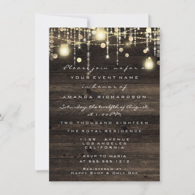 Invitation Bois Rustic Gold Lumières Fête des mariées d'anniv (Devant)