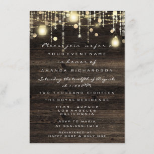 Invitation Bois Rustic Gold Lumières Fête des mariées d'anniv