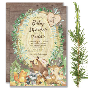 Invitation Bois rustique Animaux Baby shower garçons