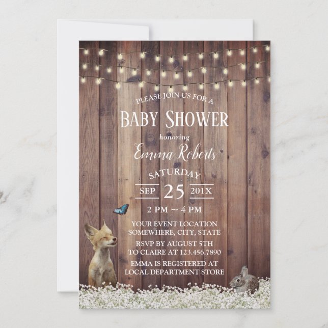 Invitation Bois rustique Animaux Chaîne Baby shower clair (Devant)