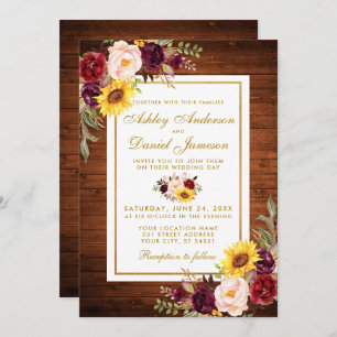 Invitation Bois rustique Aquarelle Floral Gold Frame Mariage
