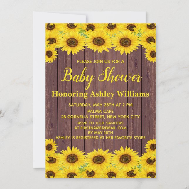 Invitation Bois rustique Aquarelle Tournesols Baby shower mou (Devant)