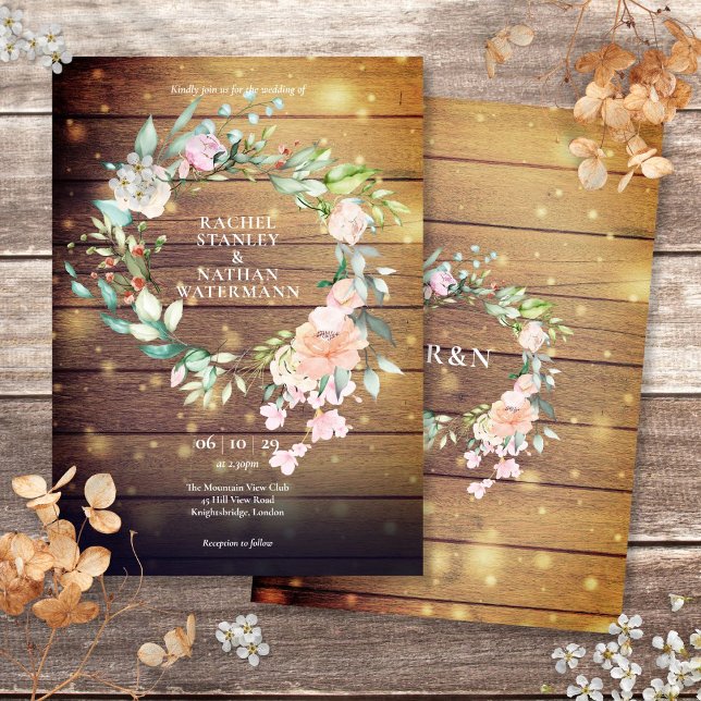 Invitation Bois rustique Aquarelle Verdure Floral Mariage (Rustic Wood Watercolor Greenery Floral Wedding Invitation)