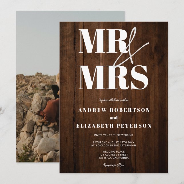 Invitation Bois rustique audacieux M. Mrs mariage photo scrip (Devant / Derrière)