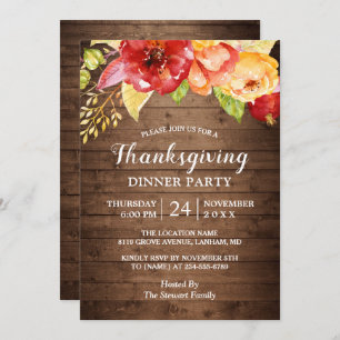 Invitation Bois rustique Automne Rouge Floral Thanksgiving Dî
