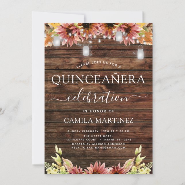 Invitation Bois rustique Autumn Sunflowers Quinceanera (Devant)