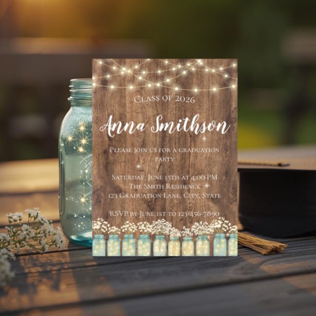 Invitation Bois Rustique Bébé Respiration Fleur Jar Mason Dip (Rustic wood and teal mason jar graduation invitation with white baby's breath and string lights. )
