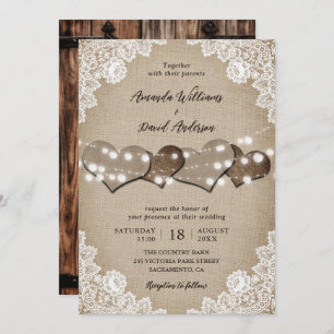 Invitation Bois rustique Beige Burlap Blanc Floral Mariage