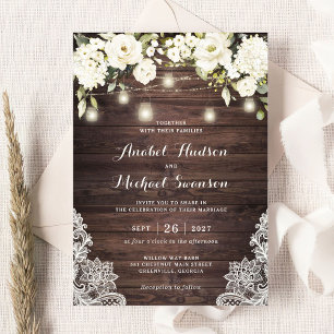 Invitation Bois rustique blanc dentelle chaîne de lumière Mar