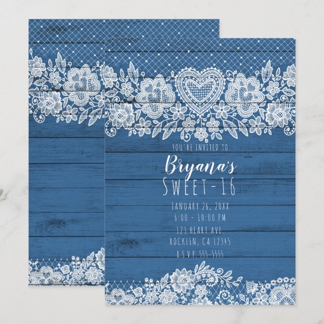 Invitation Bois Rustique Bleu & Dentelle Blanche 16e Annivers (Devant / Derrière)