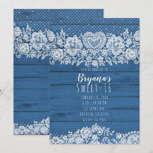 Invitation Bois rustique bleu et dentelle blanche Sweet 16 An