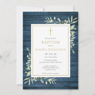 Invitation Bois rustique bleu verdure baptême