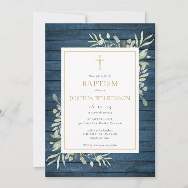 Invitation Bois rustique bleu verdure baptême christening (Devant)