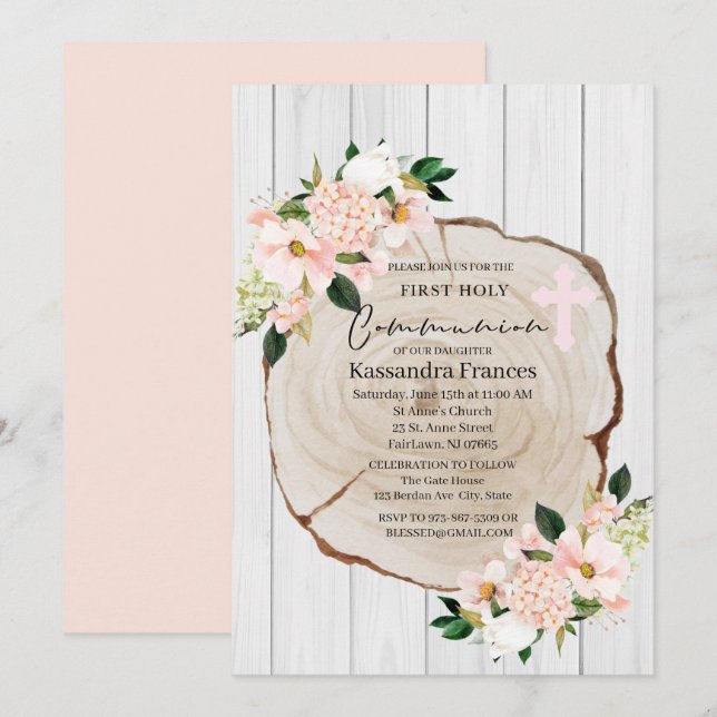Invitation Bois rustique Blush Floral First Holy Communion (Devant / Derrière)