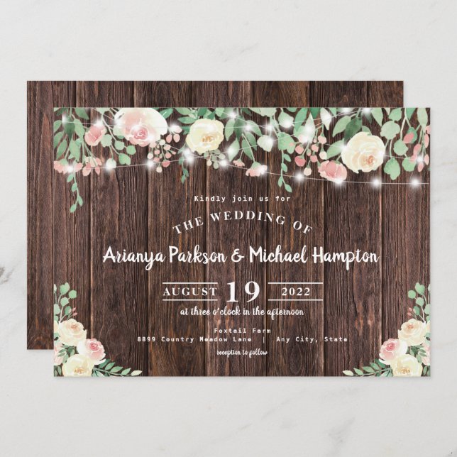 Invitation Bois rustique Blush Floral Lumières Mariage (Devant / Derrière)