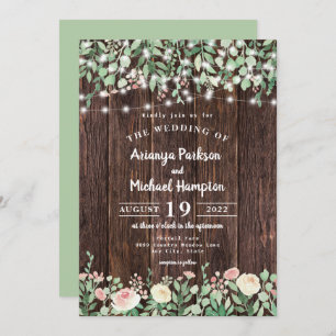 Invitation Bois rustique Blush Floral Lumières Mariage