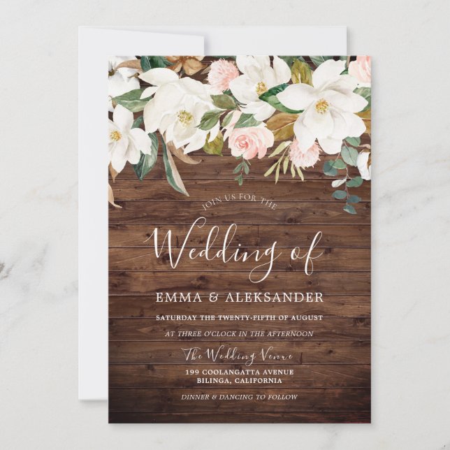 Invitation Bois rustique Blush & Mariage Floral blanc (Devant)