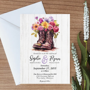 Invitation Bois rustique & Bottes Florales Mariage de ferme