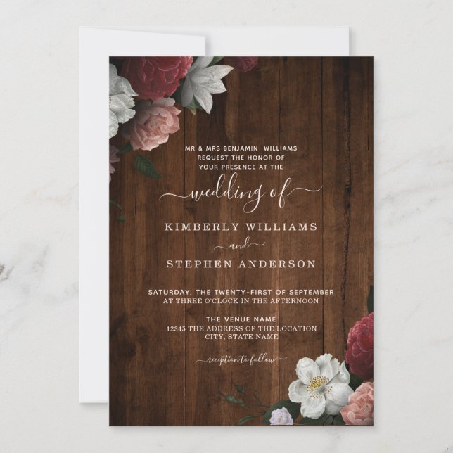 Invitation Bois rustique Bourgogne Blush Floral Mariage offic (Devant)