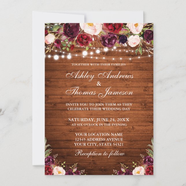 Invitation Bois rustique Bourgogne Floral Lumières Mariage (Devant)