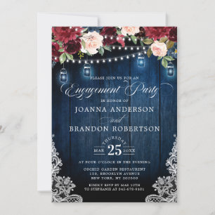 Invitation Bois rustique Bourgogne Floral Mason Jar Fiançaill