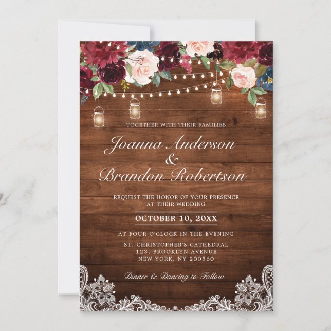 Invitation Bois rustique Bourgogne Floral Mason Jar Mariage (Devant)