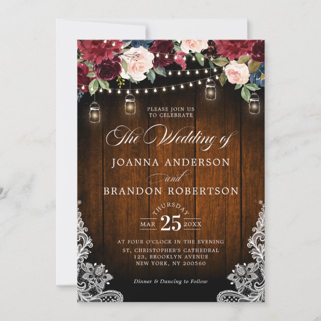 Invitation Bois rustique Bourgogne Floral Mason Jar Mariage (Devant)
