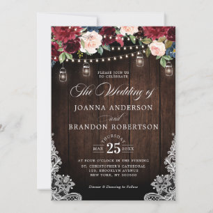 Invitation Bois rustique Bourgogne Floral Mason Jar Mariage
