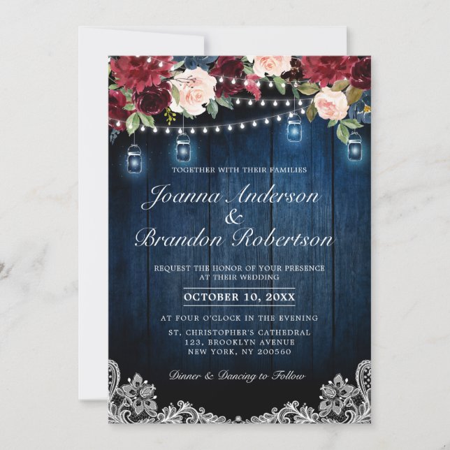 Invitation Bois rustique Bourgogne Floral Mason Jar Mariage (Devant)