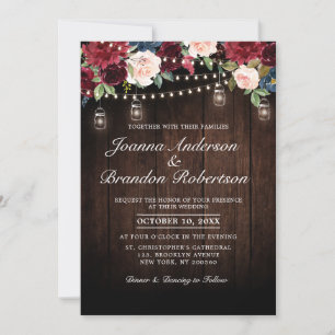 Invitation Bois rustique Bourgogne Floral Mason Jar Mariage