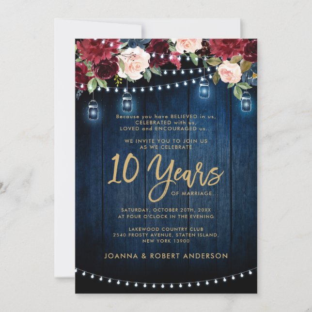 Invitation Bois rustique Bourgogne Floral Mason Jar Mariage (Devant)